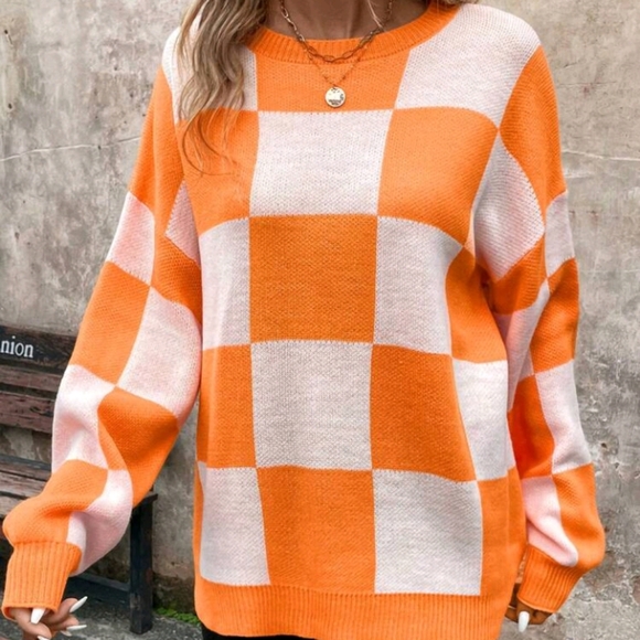 Women's Orange Checkered Warm Sweater For Christmas, Winter,Three Quarter - Picture 3 of 6